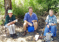 Marilyn, Mick and Denise take a welcome brew (no further link)